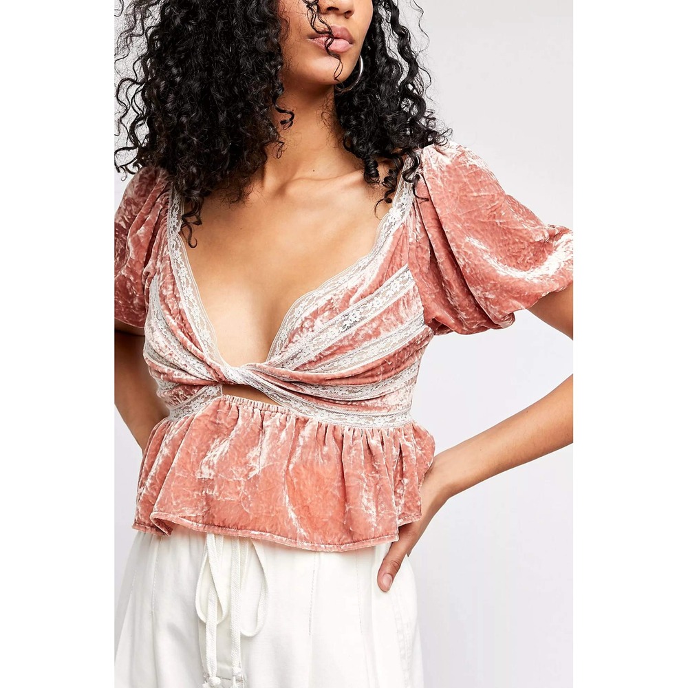 NWT Free People Yours Truly Wild Moon Mauve Crushed Velvet Lace Crop Top XS 0/2